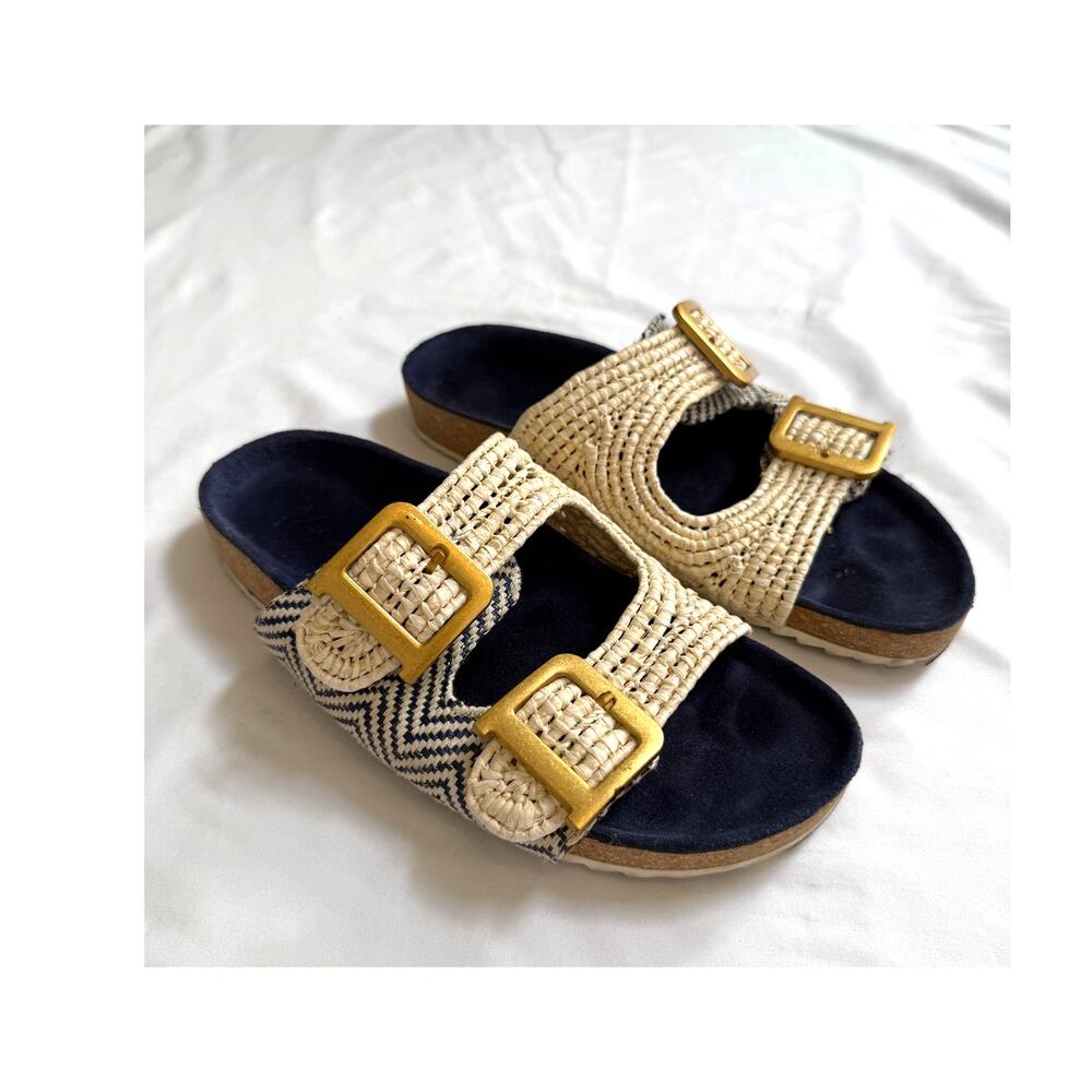 Anthropologie Navy Cream Natural Raffia Double Strap Buckle Sandals Slides, 8